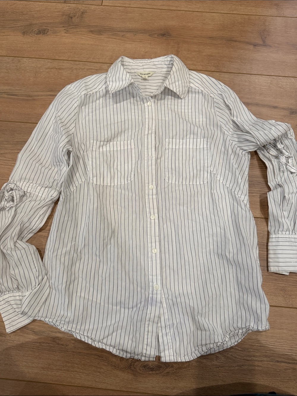Max Studio White Button-Down Shirt with Navy Pinstripes
